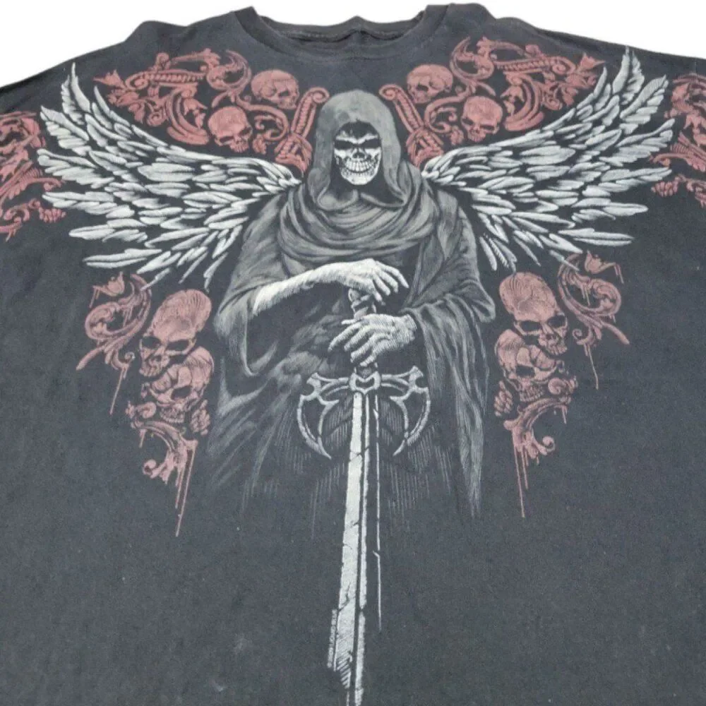 2009 Liquid Blue Shirt Size 4XL Y2K Grim Reaper Skulls Sword Graphic Tee Cut Tag